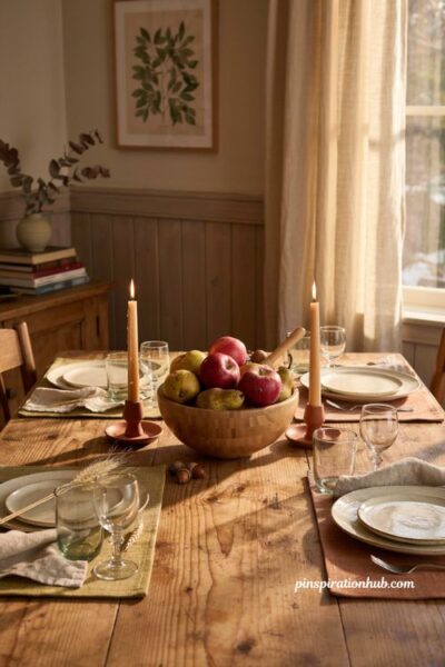 Fall dining table decor with apples pears wooden bowl and simple clay candlesticks