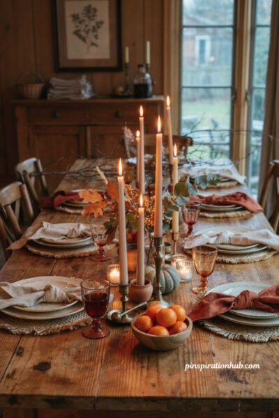 Fall dining table decor with clustered taper candles votives and a warm ambient glow