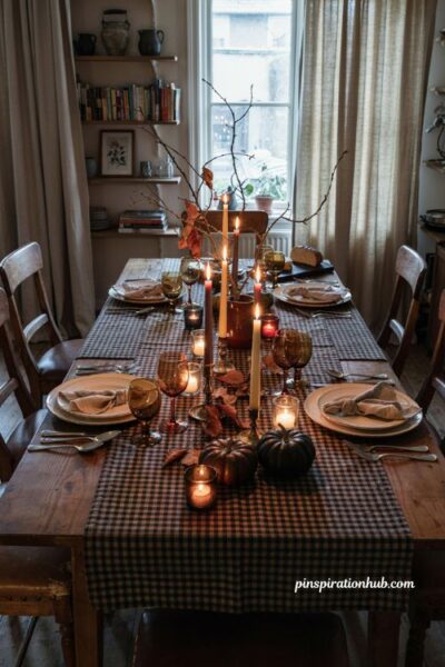 Fall dining table decor with dark gingham deep brown tones and cozy candlelight