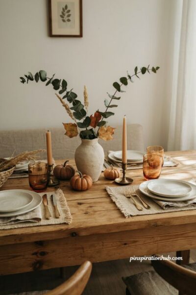 Fall dining table decor with eucalyptus wheat branches and natural autumn foliage