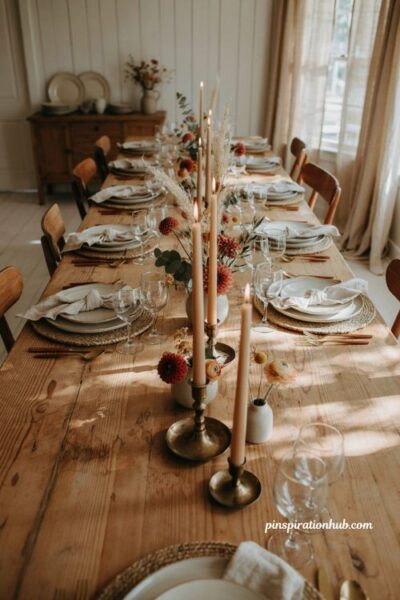 Fall dining table decor with gold metallic cutlery natural textures and elegant autumn accents