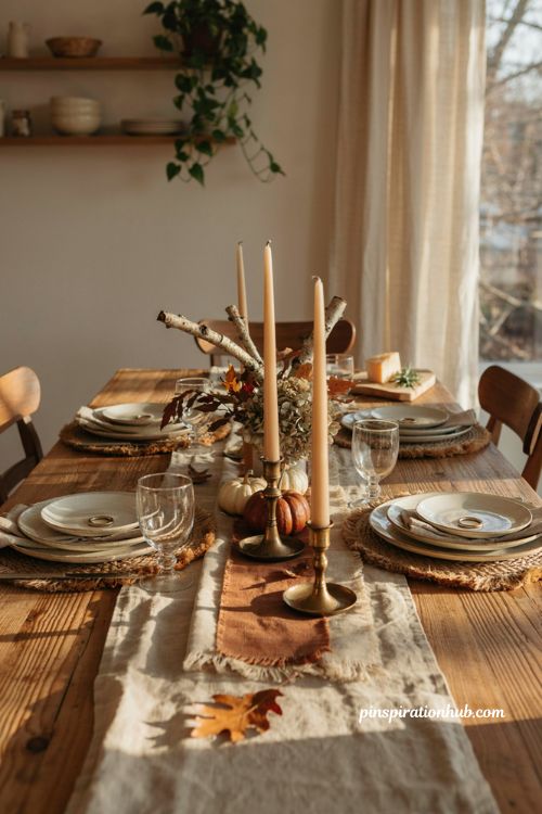 Fall dining table decor with moody colors warm candles rustic textures and layered autumn accents