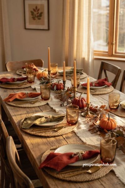 Fall dining table decor with terracotta linen napkins twine and rustic napkin rings