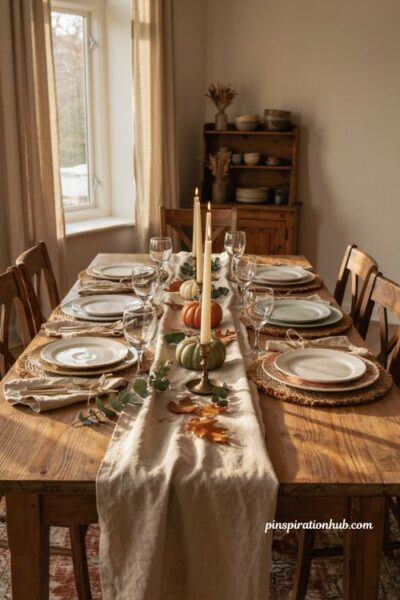 Fall dining table decor with white plates gold charger plates and simple autumn table settings