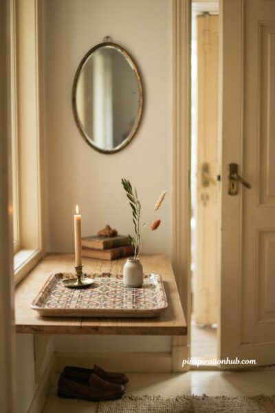 Fall entry table decor with a vintage patterned tile tray and candle