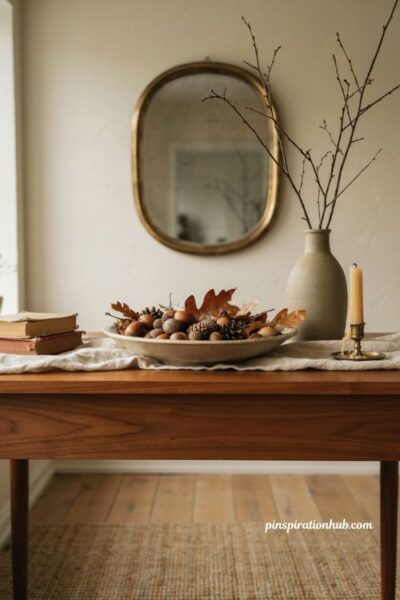 Fall entry table decor with ceramic bowl acorns pinecones and dried leaves