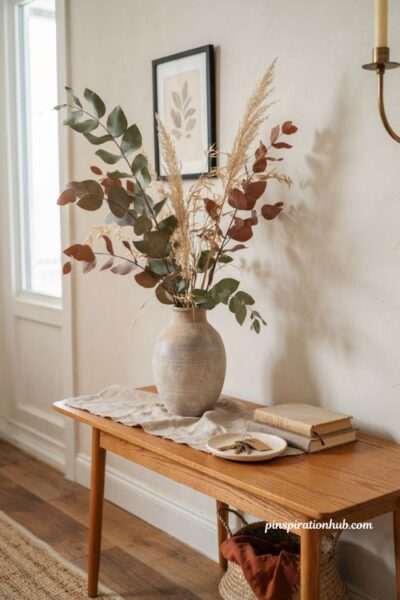Fall entry table decor with dried eucalyptus wheat stems and stoneware vase
