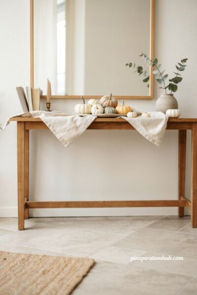 Fall entry table decor with neutral mini pumpkins white gourds and soft gray accents
