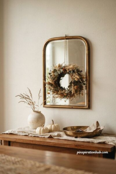 Fall entry table decor with statement mirror dried wreath and autumn accents