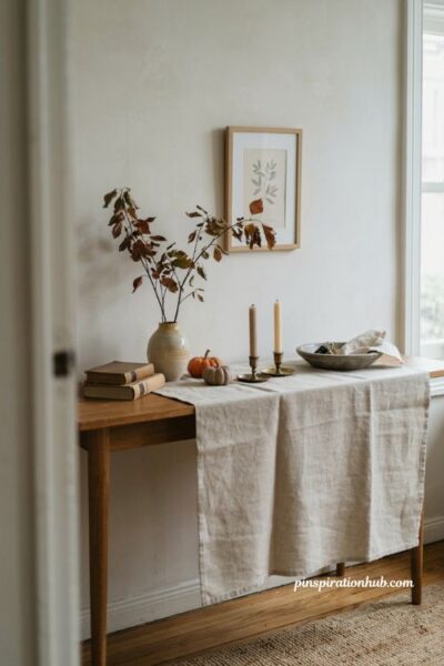 Fall entry table decor with textured linen runner dried branches and pumpkins