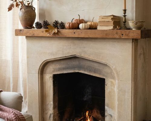 Fall fireplace decor with simple natural mantel decorations and cozy autumn accents
