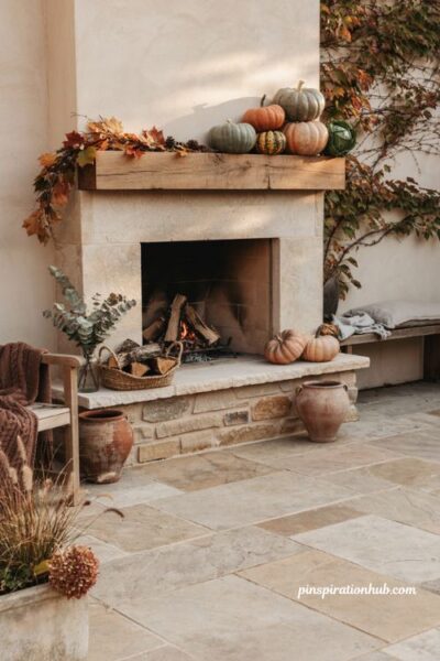Fall house exterior with decorated outdoor fireplace mantel and pumpkins