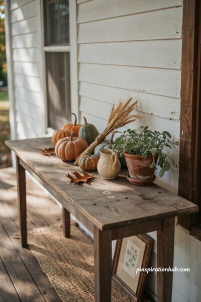 Fall house exterior with eclectic outdoor tabletop display and pumpkins