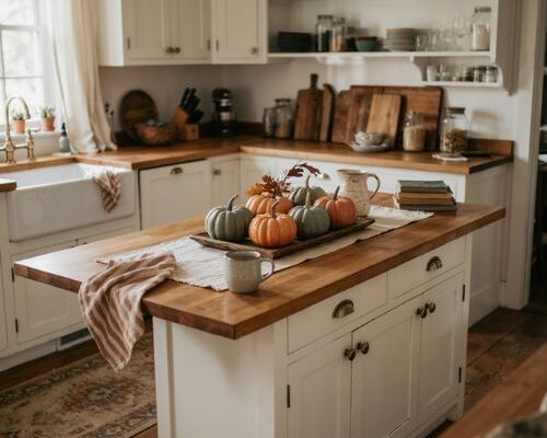 Fall island centerpiece ideas with pumpkins dried leaves and cozy kitchen decor