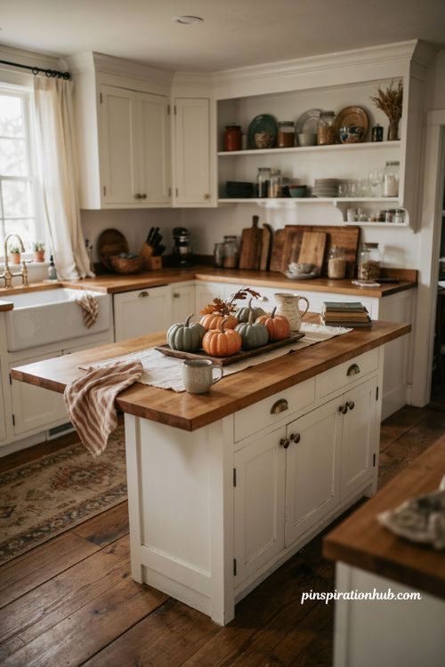 Fall island centerpiece ideas with pumpkins dried leaves and cozy kitchen decor