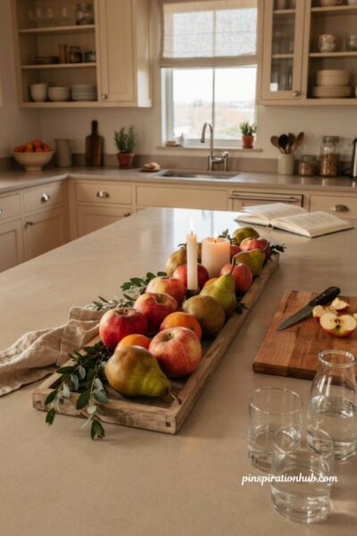Fall island centerpiece with seasonal fruit greenery and cozy candles