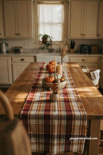 Fall kitchen island decor with a plaid runner and pumpkin centerpiece