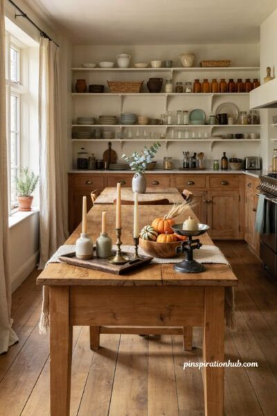 Fall kitchen island decor with a vintage scale wooden bowl baby pumpkins and a simple rustic tray
