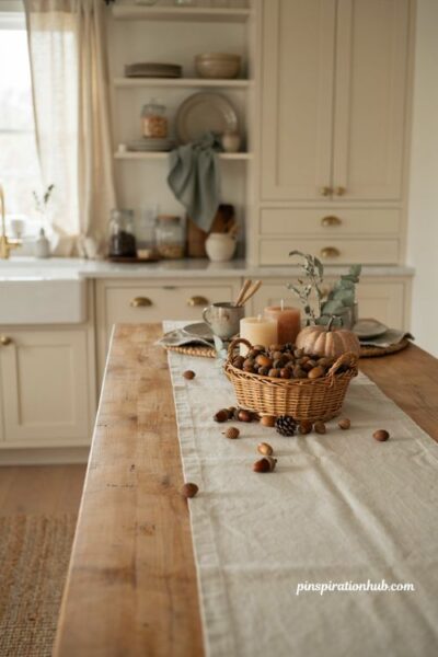 Fall kitchen island decor with acorns and pinecones in a wicker basket
