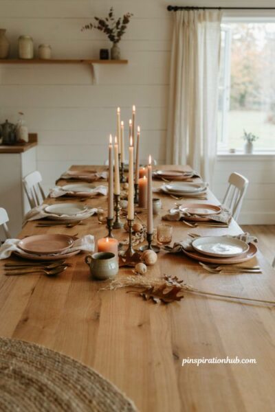 Fall kitchen table candle decor with pillar candles and tall tapers for warm cozy ambiance