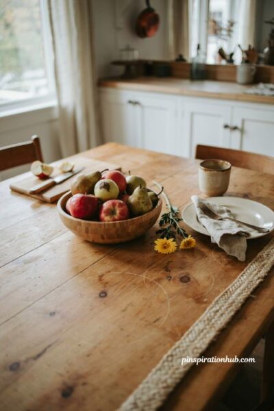 Fall kitchen table centerpiece with apples pears and yellow flowers in a wooden bowl for cozy farmhouse decor