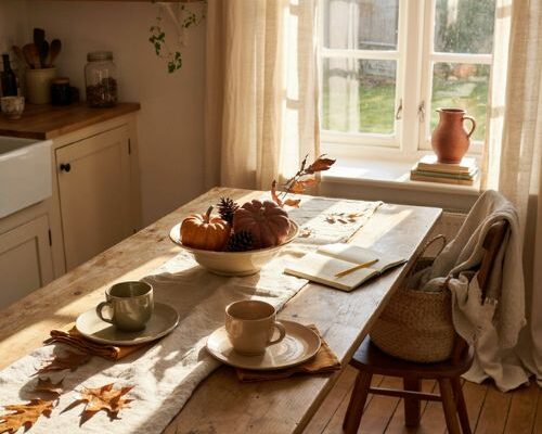 Fall kitchen table decor ideas with dried gourds and cozy farmhouse accents