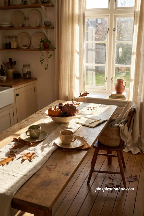 Fall kitchen table decor ideas with dried gourds and cozy farmhouse accents