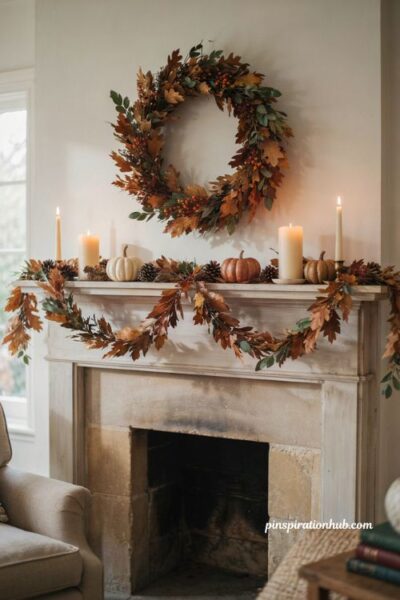 Fall mantel decor ideas with a classic fall wreath matching garland candles and cozy autumn accents