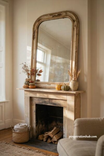 Fall mantel decor ideas with a vintage mirror dried gourds woven baskets and rustic autumn accents