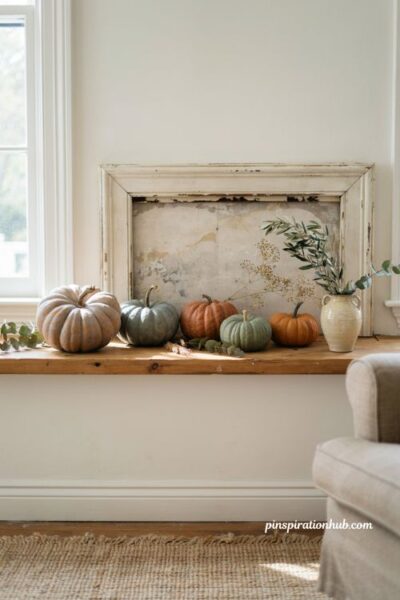 Fall mantel decor ideas with complementary color pumpkins in varied sizes and cozy autumn accents