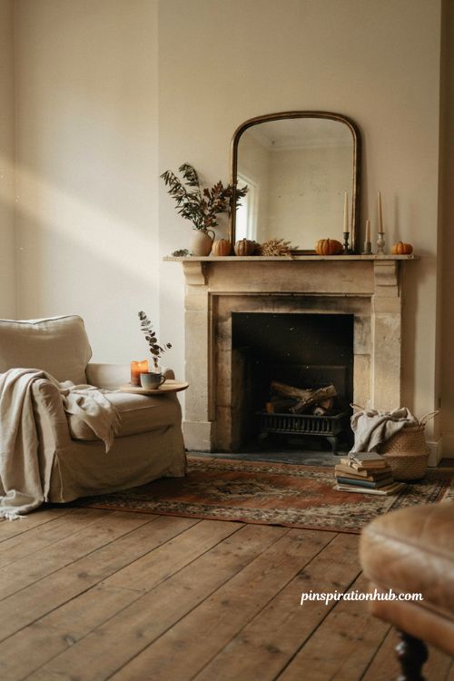 Fall mantel decor ideas with cozy pumpkins dried branches vintage textures and warm autumn colors