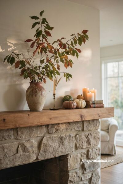 Fall mantel decor ideas with tall autumn branches in a vase and cozy pumpkins