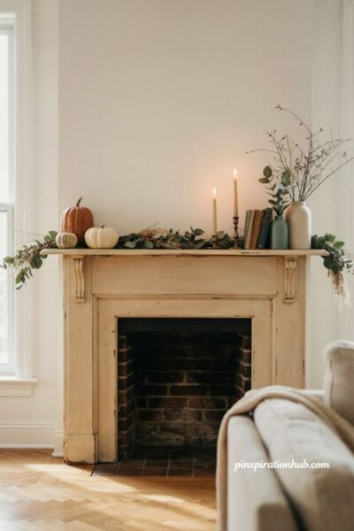 Fall mantel decor ideas with terracotta green and teal accents for a cohesive autumn color scheme