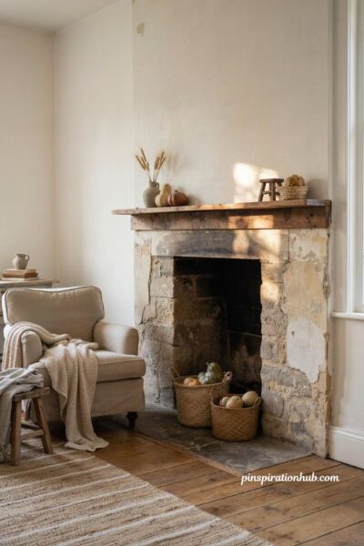 Fall mantel decor ideas with woven baskets dried gourds and cozy textured throws for a rustic farmhouse fireplace