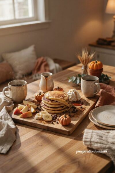 Fall sleepover ideas with a cozy pumpkin pancake breakfast bar