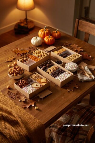 Fall sleepover ideas with personalized autumn snackle boxes for movie night