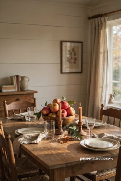 Fall table decor ideas with apples in a wooden bowl and simple clay candle holders