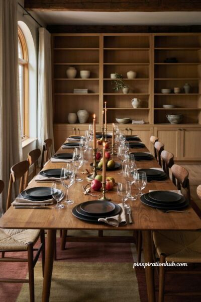 Fall table decor ideas with black plates warm wood brass accents and cozy candlelight