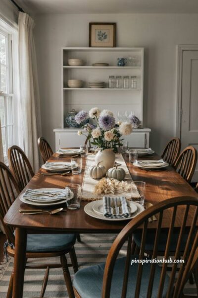 Fall table decor ideas with blue and white flowers for a timeless cozy dining room