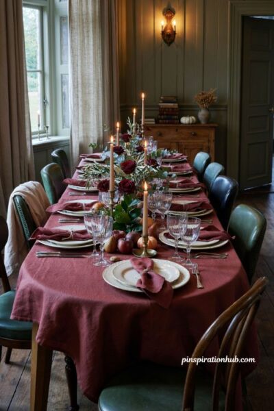 Fall table decor ideas with deep burgundy red greenery and candlelight for an elegant autumn dinner