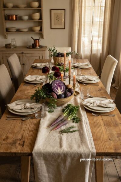 Fall table decor ideas with purple carrots cabbage leafy greens and deep red flowers