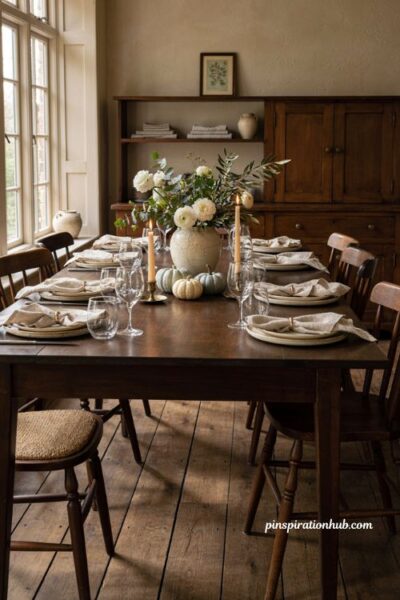 Fall table decor ideas with white and green florals that complement a cozy dining room