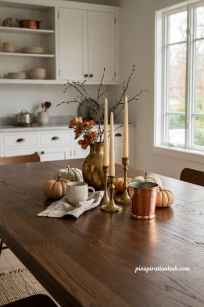 Fall table decor with brass gold and copper accents paired with matte pumpkins on a dark wood dining table