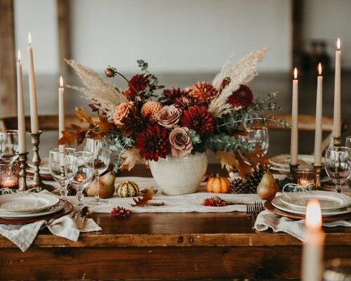 Fall wedding centerpiece ideas with romantic flowers candles and rustic table decor