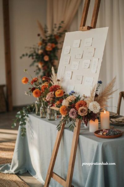 Fall wedding table decor with burnt orange flowers pale blue accents and elegant seating chart