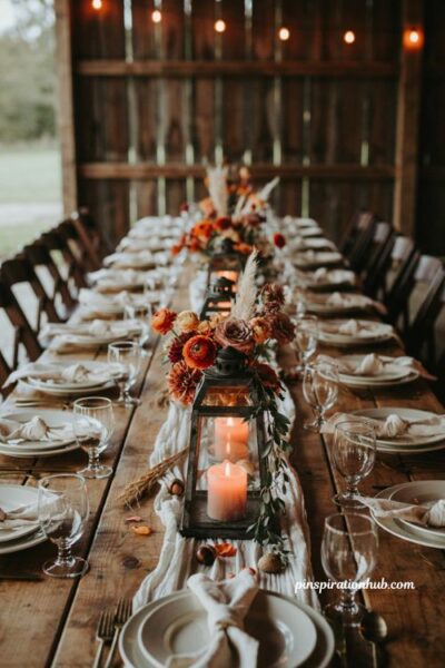 Fall wedding table decor with floral lanterns candles and cozy rustic autumn styling