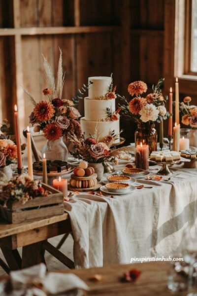 Fall wedding table decor with layered floral centerpieces candles rustic crates and dessert display