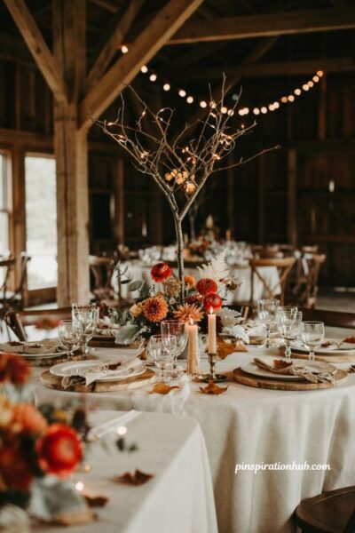 Fall wedding table decor with lighted tree tea lights and rustic autumn flowers