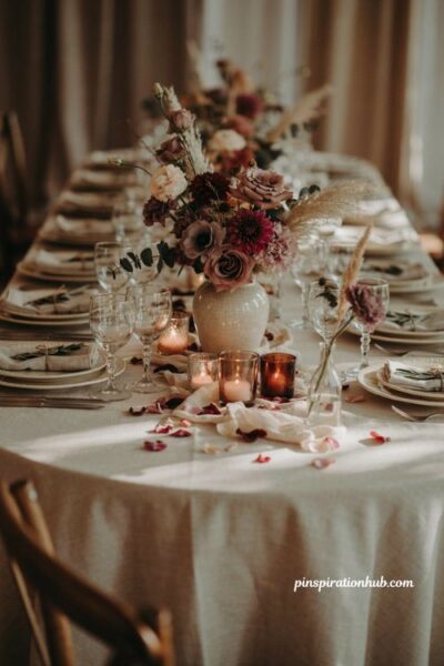 Fall wedding table decor with mauve burgundy flowers votive candles and romantic fairytale style