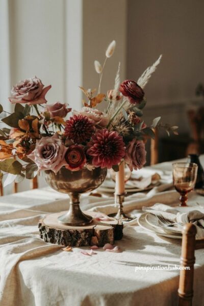 Fall wedding table decor with mauve roses burgundy dahlias and a tree bark centerpiece